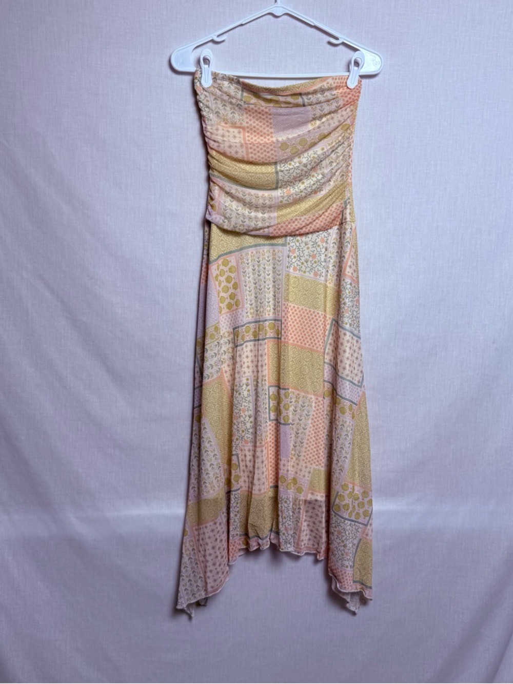 See You Monday Strapless Dress Size M Patchwork Floral Handkerchief Hem Boho